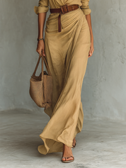 Dames Maxi Blousejurk Linen Look Lange Mouwen Ceintuur Diepe V-hals - Khaki / Marineblauw / Wit / Zwart - Maelen
