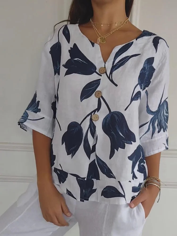 Aaliyah Top | Katoen-Linnen Blouse met Bloemenprint en V-Hals