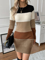 Chiara Jurk | Chique Herfstjurk met Kleurblok en Lange Mouwen