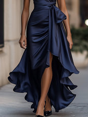 Dames Halter Maxi Jurk Satijn Look Diepe V-hals Split Vloerlengte Feestelijk - Marineblauw / Champagne / Bordeaux - Maelen