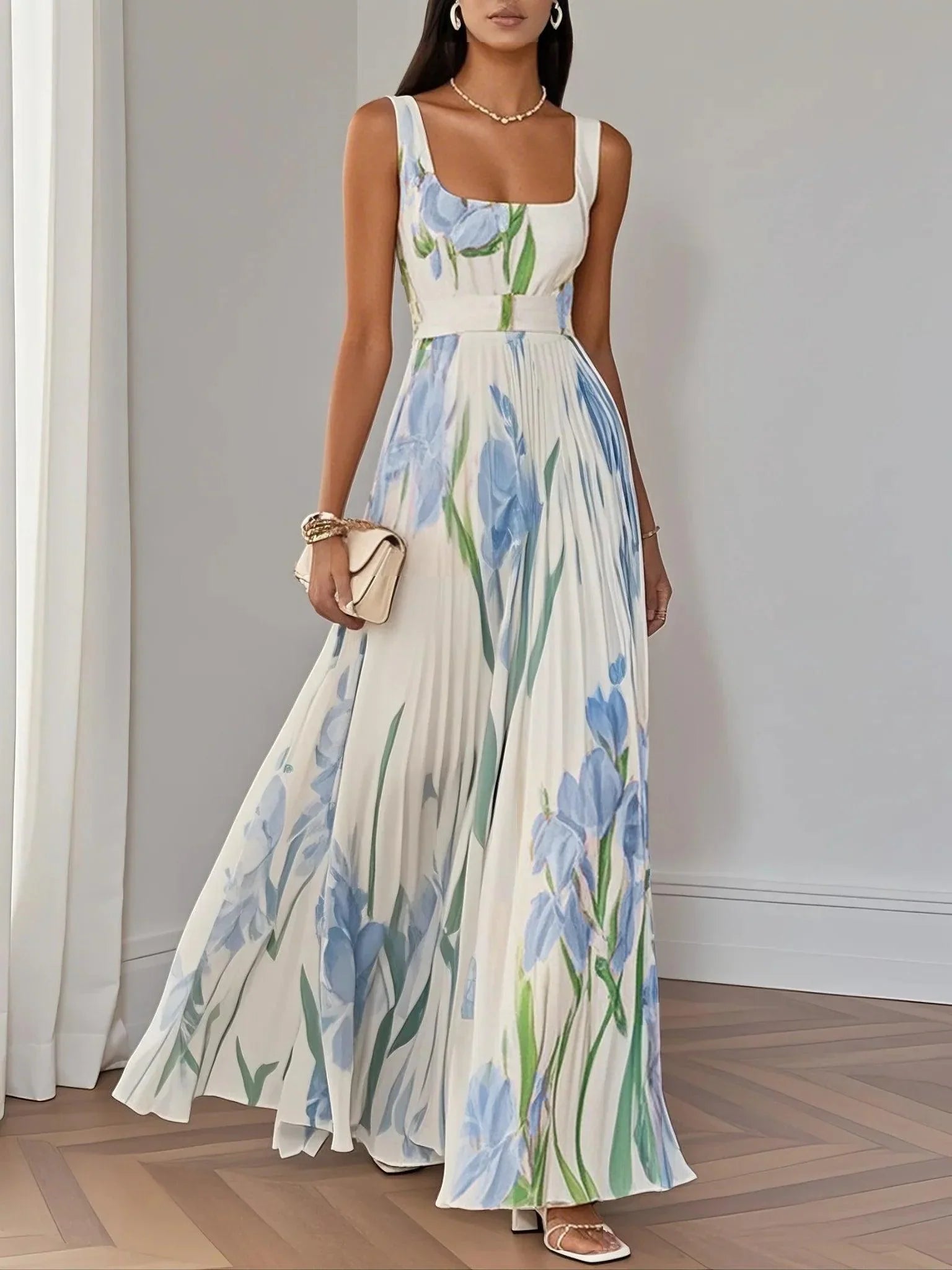 Chiffon Maxi Jurk Dames Bloemenprint Vierkante Hals Bruiloft Gast - Wit / Blauw / Roze - Maelen