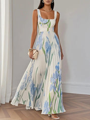 Chiffon Maxi Jurk Dames Bloemenprint Vierkante Hals Bruiloft Gast - Wit / Blauw / Roze - Maelen