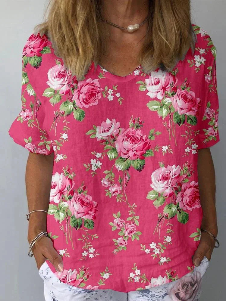 Dames Blouse Bloemenprint Korte Mouwen Knopen Luchtige Pasvorm Casual en Werk - Roze - Maelen