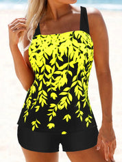 Dames Tankini Bladprint Tweedelig Zwart Contrast - Zwart-Geel / Zwart-Wit / Zwart-Roze - Maelen