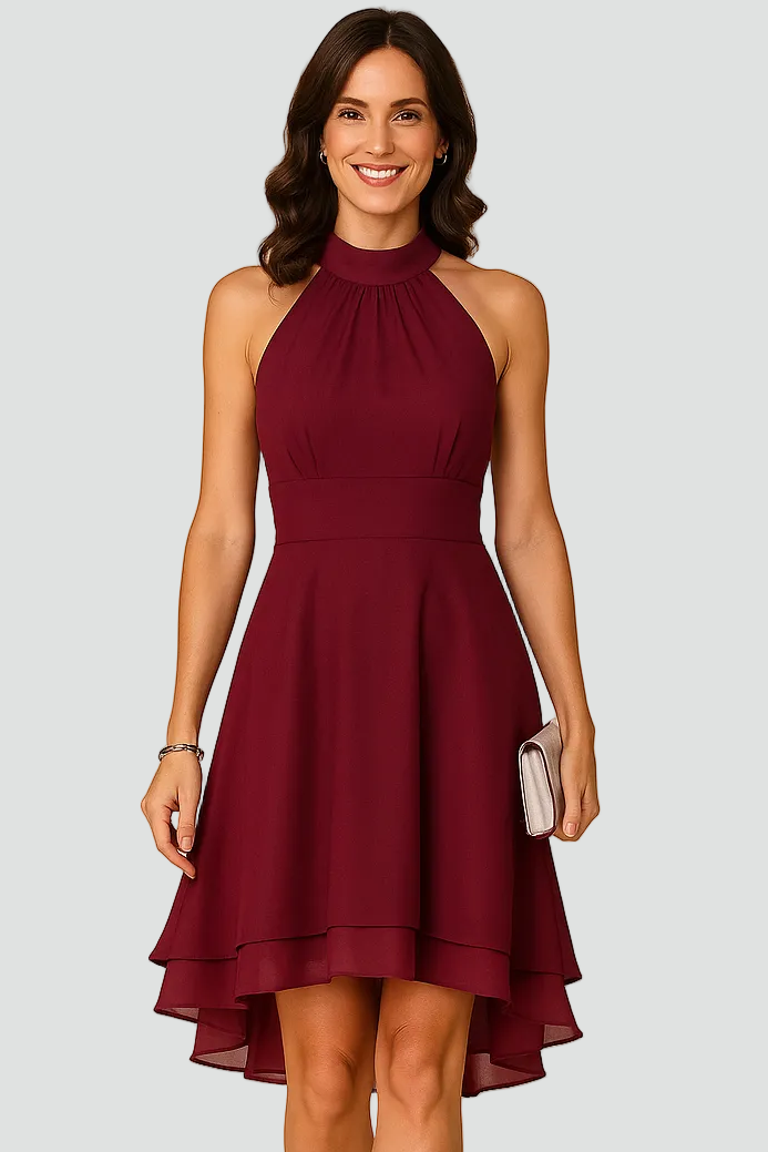 Cocktailjurk voor Dames met Halternek en Asymmetrische Zoom - Zwart/Donkerblauw/Rood
