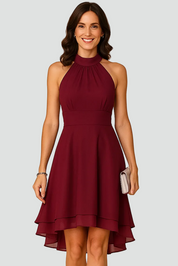 Cocktailjurk voor Dames met Halternek en Asymmetrische Zoom - Zwart/Donkerblauw/Rood