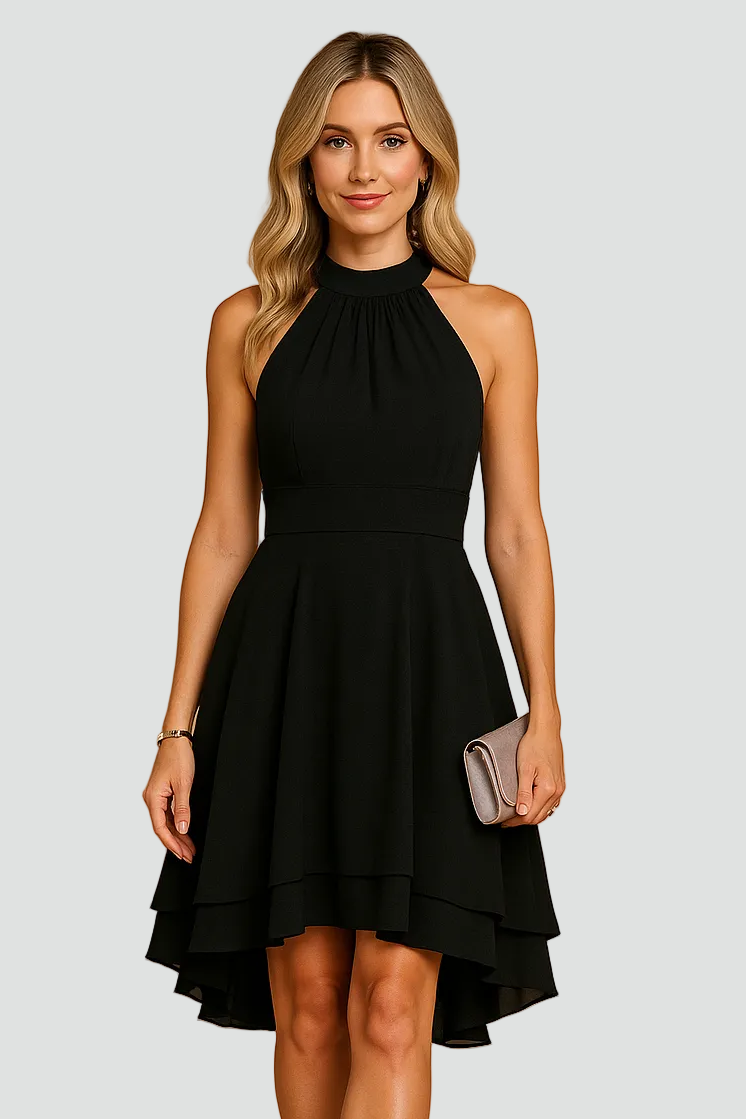 Cocktailjurk voor Dames met Halternek en Asymmetrische Zoom - Zwart/Donkerblauw/Rood
