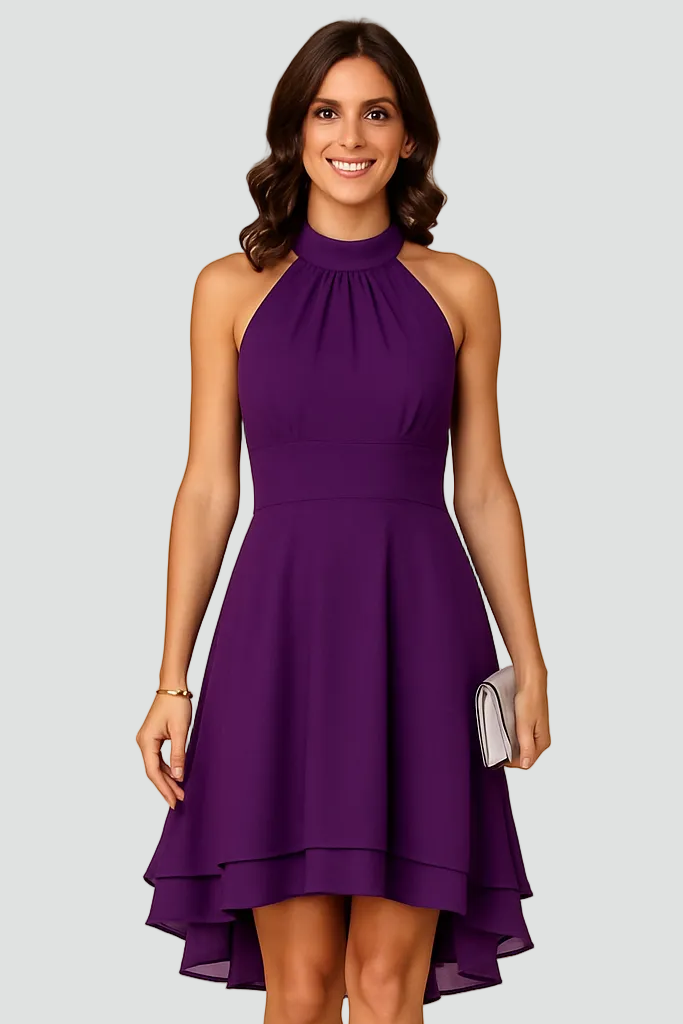 Cocktailjurk voor Dames met Halternek en Asymmetrische Zoom - Zwart/Donkerblauw/Rood