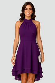 Cocktailjurk voor Dames met Halternek en Asymmetrische Zoom - Zwart/Donkerblauw/Rood