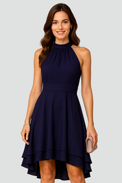 Cocktailjurk voor Dames met Halternek en Asymmetrische Zoom - Zwart/Donkerblauw/Rood