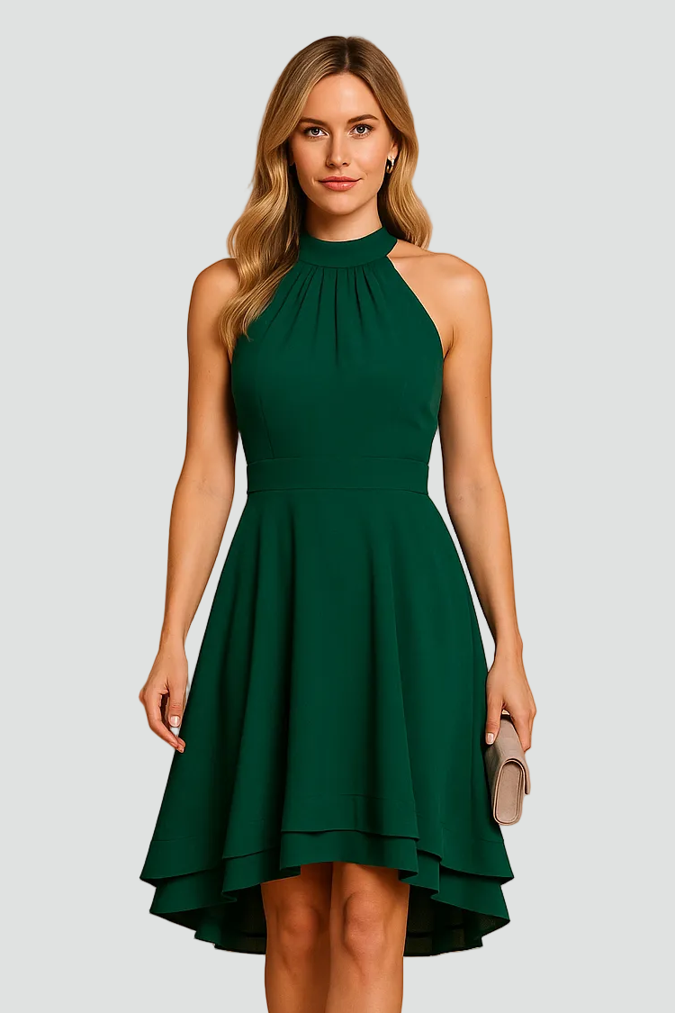 Cocktailjurk voor Dames met Halternek en Asymmetrische Zoom - Zwart/Donkerblauw/Rood