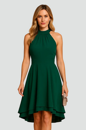 Cocktailjurk voor Dames met Halternek en Asymmetrische Zoom - Zwart/Donkerblauw/Rood