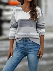 Bianca Trui | Gestreepte Herfsttrui met V-Hals en Comfortabele Pasvorm