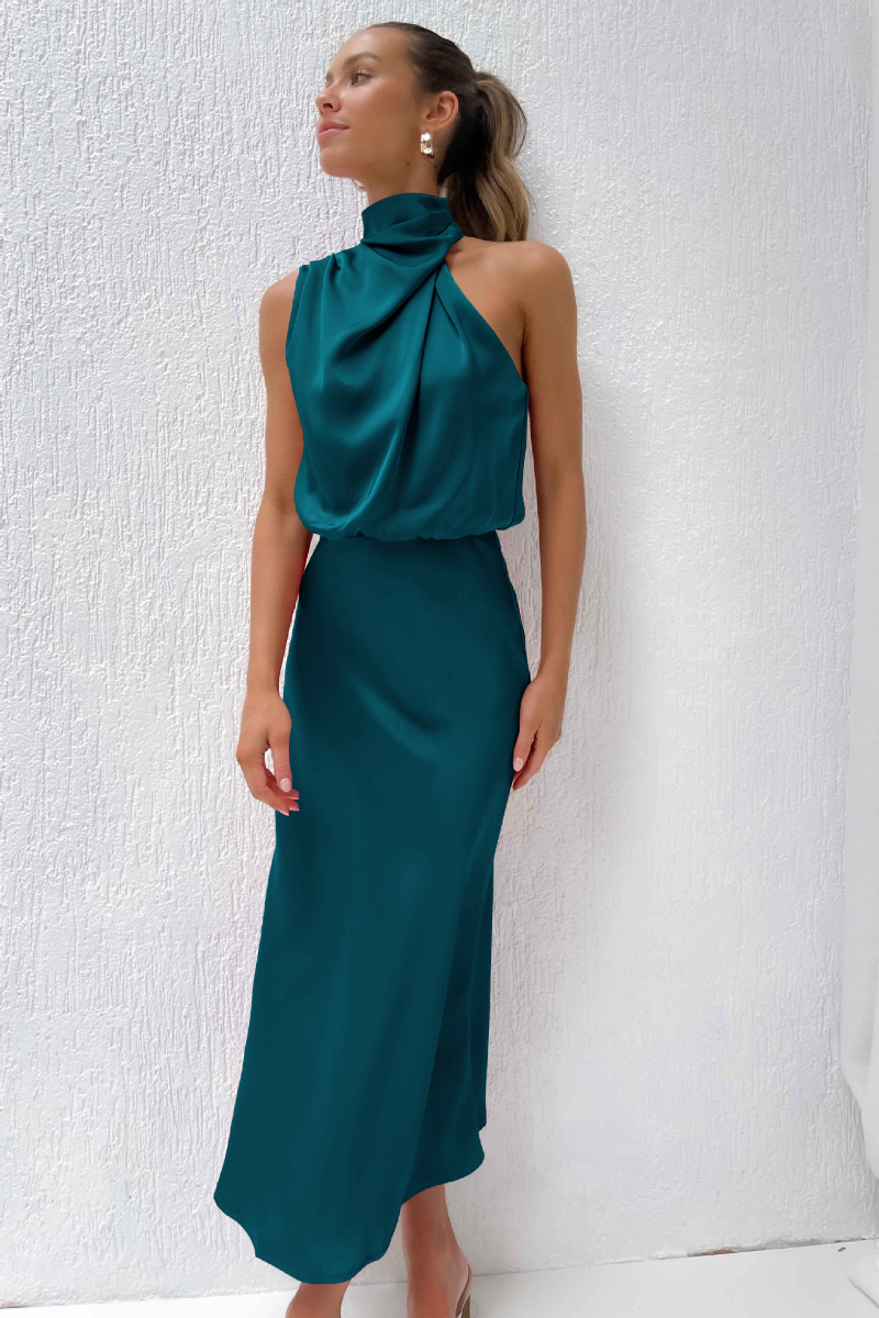 Dames Satijnen Maxi Jurk Halternek Mouwloos Bruiloft Gast - Beige / Zwart / Groen / Roze - Maelen