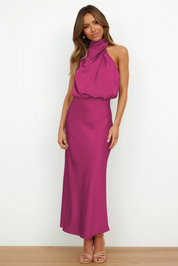 Dames Satijnen Maxi Jurk Halternek Mouwloos Bruiloft Gast - Beige / Zwart / Groen / Roze - Maelen