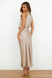 Dames Satijnen Maxi Jurk Halternek Mouwloos Bruiloft Gast - Beige / Zwart / Groen / Roze - Maelen
