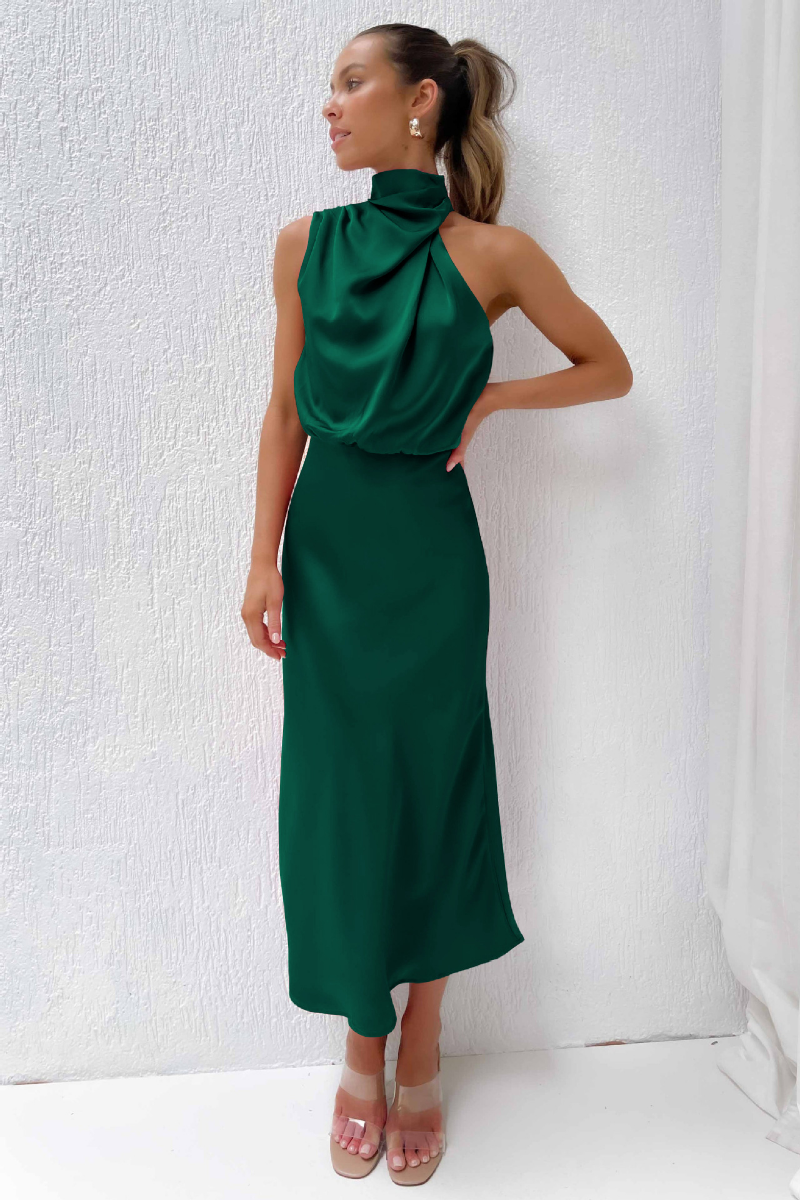 Dames Satijnen Maxi Jurk Halternek Mouwloos Bruiloft Gast - Beige / Zwart / Groen / Roze - Maelen