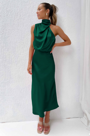 Dames Satijnen Maxi Jurk Halternek Mouwloos Bruiloft Gast - Beige / Zwart / Groen / Roze - Maelen