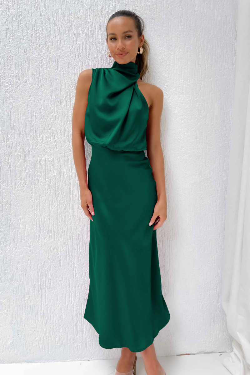 Dames Satijnen Maxi Jurk Halternek Mouwloos Bruiloft Gast - Beige / Zwart / Groen / Roze - Maelen
