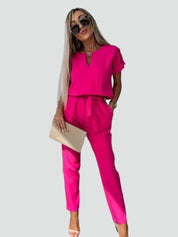 Damesoveral met Korte Mouwen en Ceintuur in de Taille, Jumpsuit met V-hals - Donkerroze/Lichtroze/Zwart