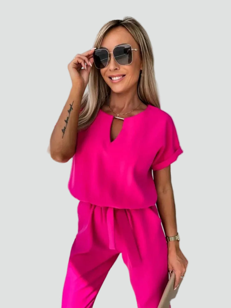 Damesoveral met Korte Mouwen en Ceintuur in de Taille, Jumpsuit met V-hals - Donkerroze/Lichtroze/Zwart