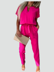 Damesoveral met Korte Mouwen en Ceintuur in de Taille, Jumpsuit met V-hals - Donkerroze/Lichtroze/Zwart