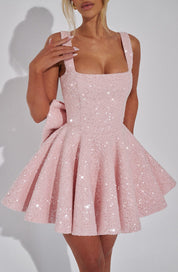 Maribel Paillettentweed mini jurk dames – feestelijke cirkelrok dress met strikdetail