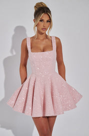 Maribel Paillettentweed mini jurk dames – feestelijke cirkelrok dress met strikdetail