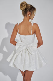 Maribel Paillettentweed mini jurk dames – feestelijke cirkelrok dress met strikdetail