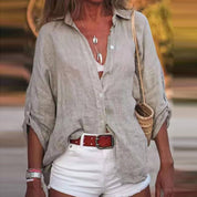 Dames Linnen Blouse V-hals Lange Mouwen Losse Pasvorm Casual Zomer - Wit / Roze / Groen - Maelen