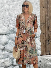 Zomerjurk Dames V-hals Bloemenprint | Midi Jurk Loose Fit met Zakken – Fiore Dolce