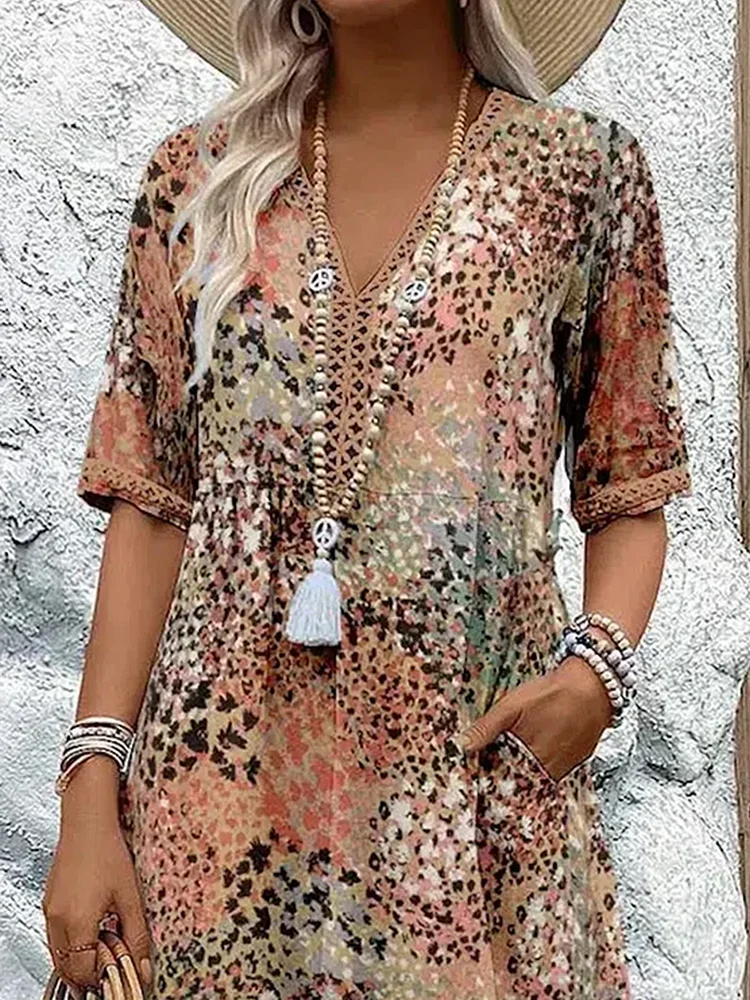 Zomerjurk Dames V-hals Bloemenprint | Midi Jurk Loose Fit met Zakken – Fiore Dolce