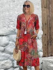 Zomerjurk Dames V-hals Bloemenprint | Midi Jurk Loose Fit met Zakken – Fiore Dolce
