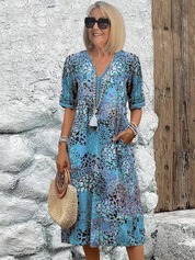 Zomerjurk Dames V-hals Bloemenprint | Midi Jurk Loose Fit met Zakken – Fiore Dolce