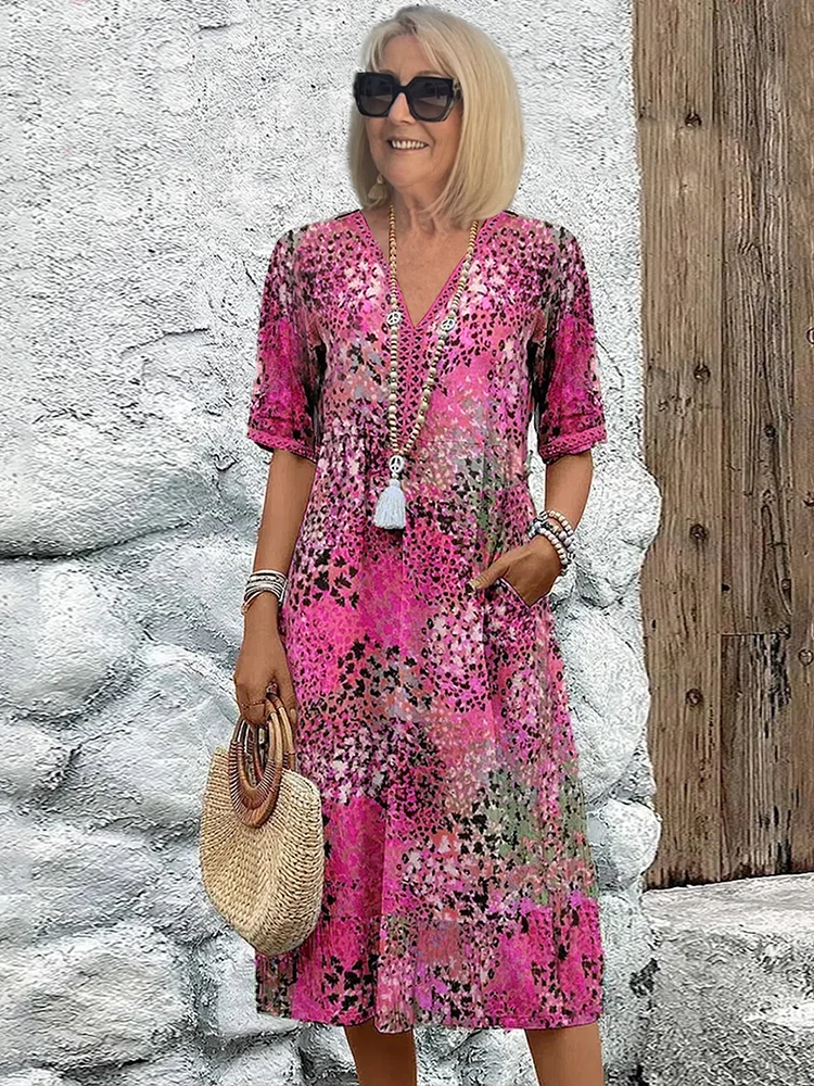 Zomerjurk Dames V-hals Bloemenprint | Midi Jurk Loose Fit met Zakken – Fiore Dolce