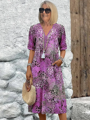 Zomerjurk Dames V-hals Bloemenprint | Midi Jurk Loose Fit met Zakken – Fiore Dolce