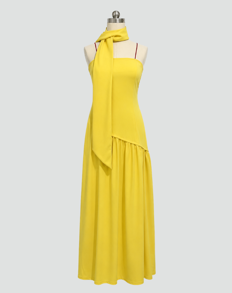 Maxi Galajurk voor Dames met Asymmetrisch Korset, Sjaal en Halterhals - Rood/Zwart/Donkerblauw