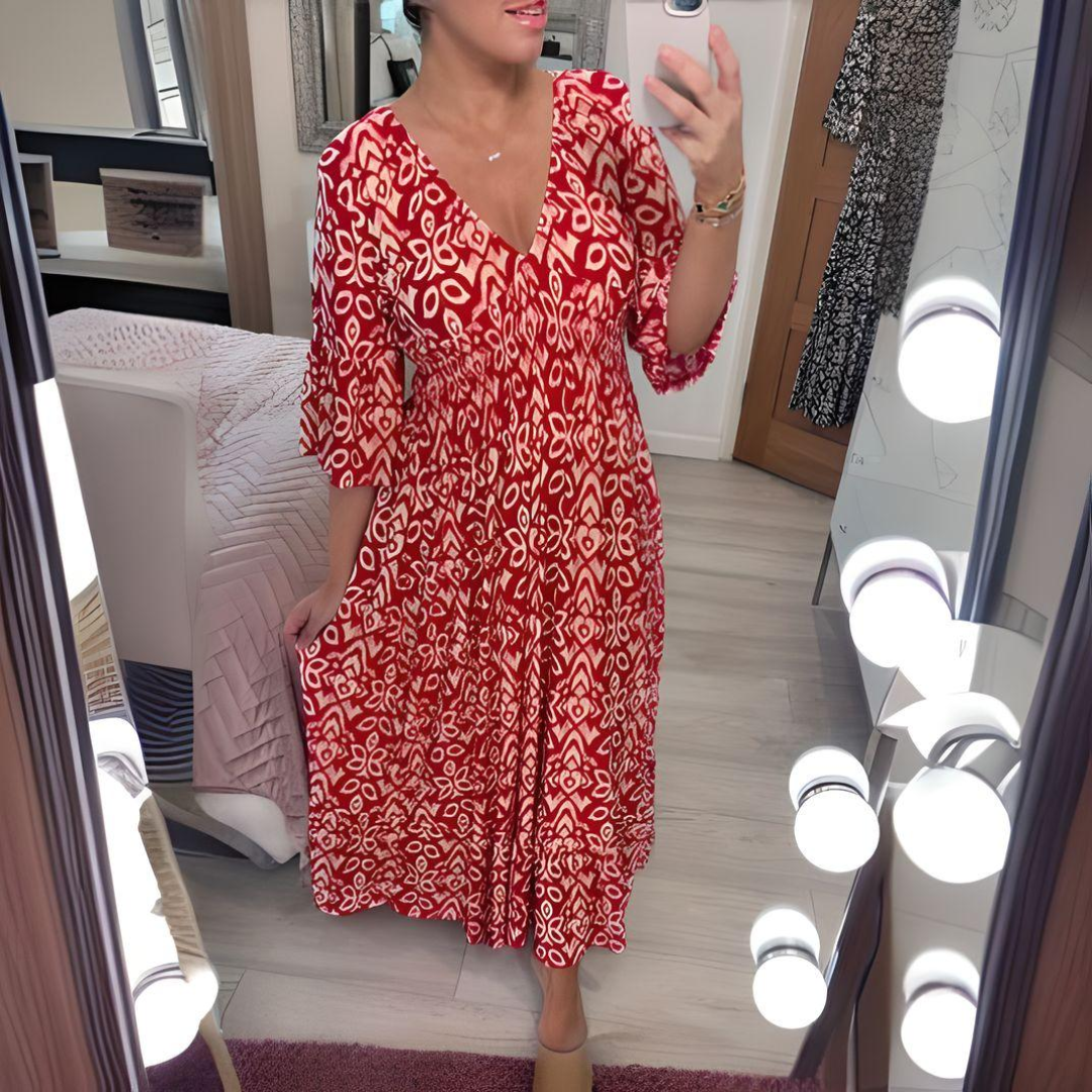 Losse Boho-jurk dames met V-hals en grafisch patroon – Enkellang - Elena Moretti