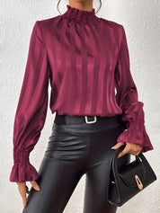 Bayla Blouse | Chic Satijnen Blouse met Plooien en Gestreept Patroon