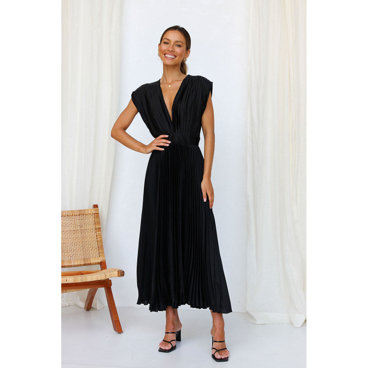 Dames Midi Jurk Plissé Rok V-hals Korte Mouwen Bruiloft Gast - Roze / Beige / Lila - Maelen