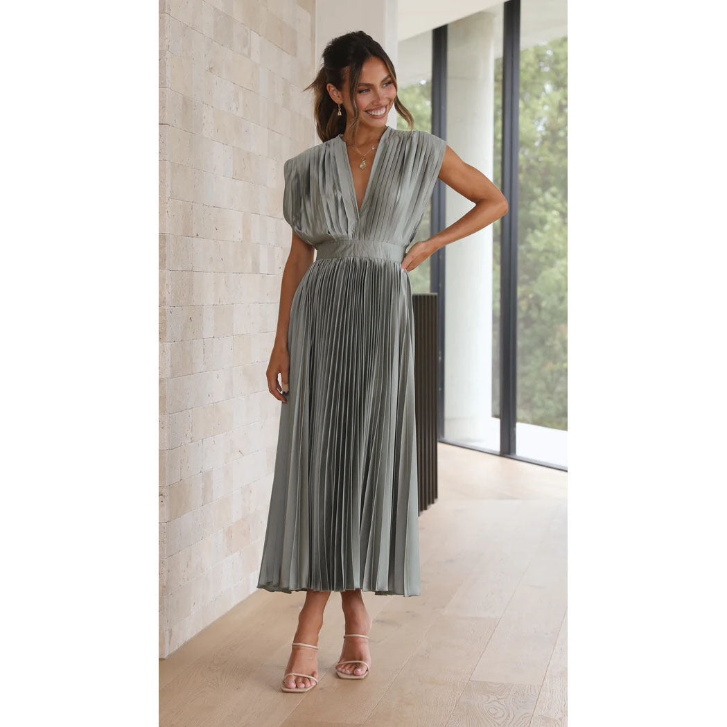 Dames Midi Jurk Plissé Rok V-hals Korte Mouwen Bruiloft Gast - Roze / Beige / Lila - Maelen