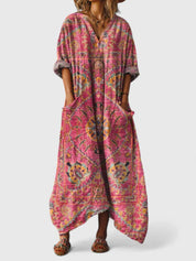 Dames Boho Maxi Jurk Bloemenprint Korte Mouwen Zijzakken Oversized Casual Feestelijk - Oranje / Rood / Groen - Maelen