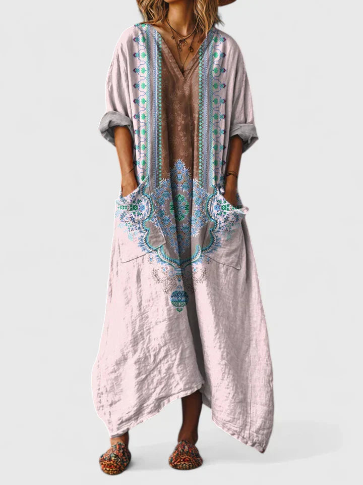 Dames Boho Maxi Jurk Bloemenprint Korte Mouwen Zijzakken Oversized Casual Feestelijk - Oranje / Rood / Groen - Maelen