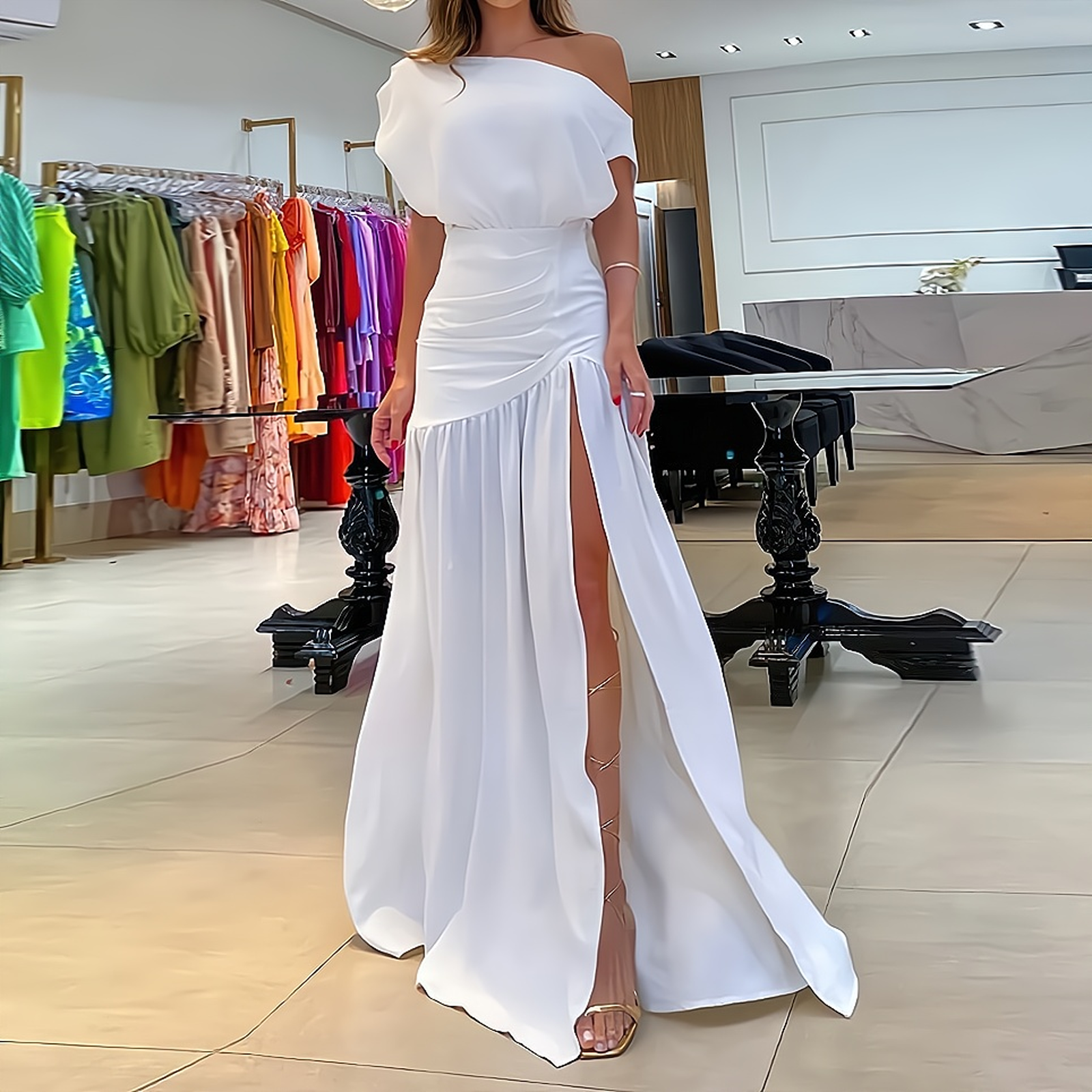 Alessia Jurk | Elegante Off-Shoulder Feestjurk met Split en Rechte Snit