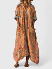 Dames Boho Maxi Jurk Bloemenprint Korte Mouwen Zijzakken Oversized Casual Feestelijk - Oranje / Rood / Groen - Maelen
