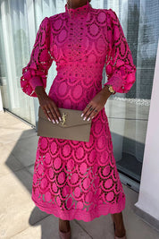 Angeline Jurk | Romantische Kanten Jurk met Hoge Hals en Pofmouwen