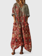 Dames Boho Maxi Jurk Bloemenprint Korte Mouwen Zijzakken Oversized Casual Feestelijk - Oranje / Rood / Groen - Maelen