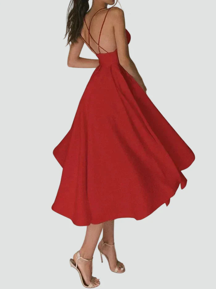 Uitlopende Midi-jurk voor het Huwelijksfeest met Hartvormige Halslijn en Dunne Bandjes - Zwart/Rood/Blauw