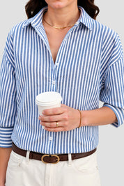 Emilie Blouse | Dames gestreepte blouse van katoenmix met klassieke polo-kraag