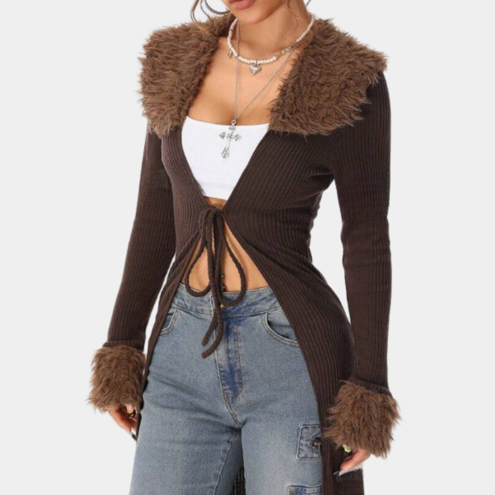 Delphine Cardigan | Lange Gebreide Cardigan met Faux Fur Details en Flatterende Pasvorm